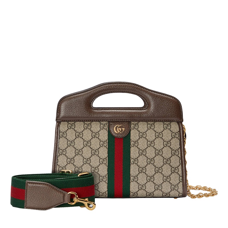 商品Gucci|【现货】古驰 22春夏新款Ophidia系列 女士小号米色/乌木色老花帆布配棕色皮革红绿织带金扣链式单肩手提包托特包 69372496IWO8745,价格¥12911,第4张图片详细描述