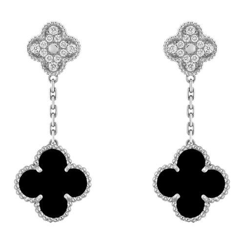 商品Van Cleef & Arpels| Van Cleef & Arpels/梵克雅宝 经典款MagicAlhambra系列 18K金白金镶嵌黑色玛瑙和全钻四叶草优雅耳坠VCARP2RA00,价格¥135795,第3张图片详细描述