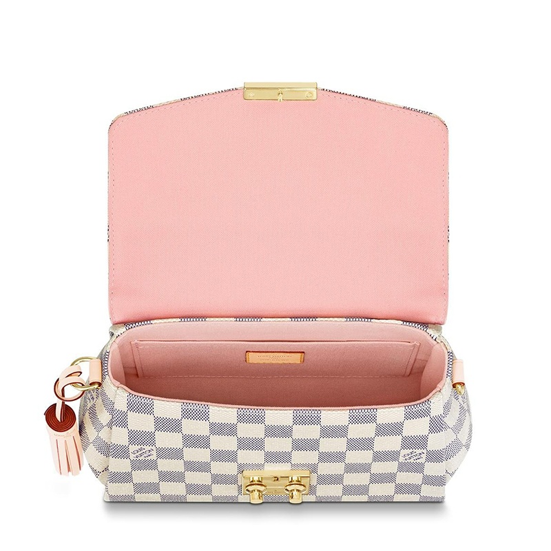 商品Louis Vuitton|预售十天 Louis Vuitton/路易威登 经典款CROISETTE系列 女士天蓝色棋盘格帆布饰皮革滚边金扣配可拆卸流苏吊饰翻盖开合单肩斜挎手提包N41581,价格¥14530,第4张图片详细描述