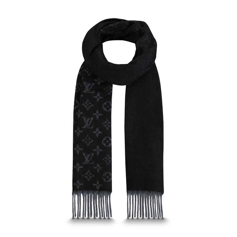 商品Louis Vuitton|Louis Vuitton/路易威登 MONOGRAM系列 男士黑色羊绒羊毛混纺流苏logo图案围巾M71607,价格¥4457,第3张图片详细描述