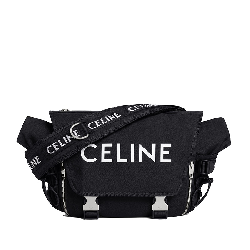 商品Celine|CELINE/赛琳 22春夏新款 男士中号白色CELINE印花黑色锦纶翻盖徒步斜挎单肩邮差包,价格¥11739,第4张图片详细描述