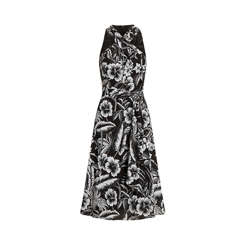 商品Ralph Lauren|拉夫劳伦 女士黑色/白色涤纶交叉领口无袖连衣裙,价格¥2346,第4张图片详细描述