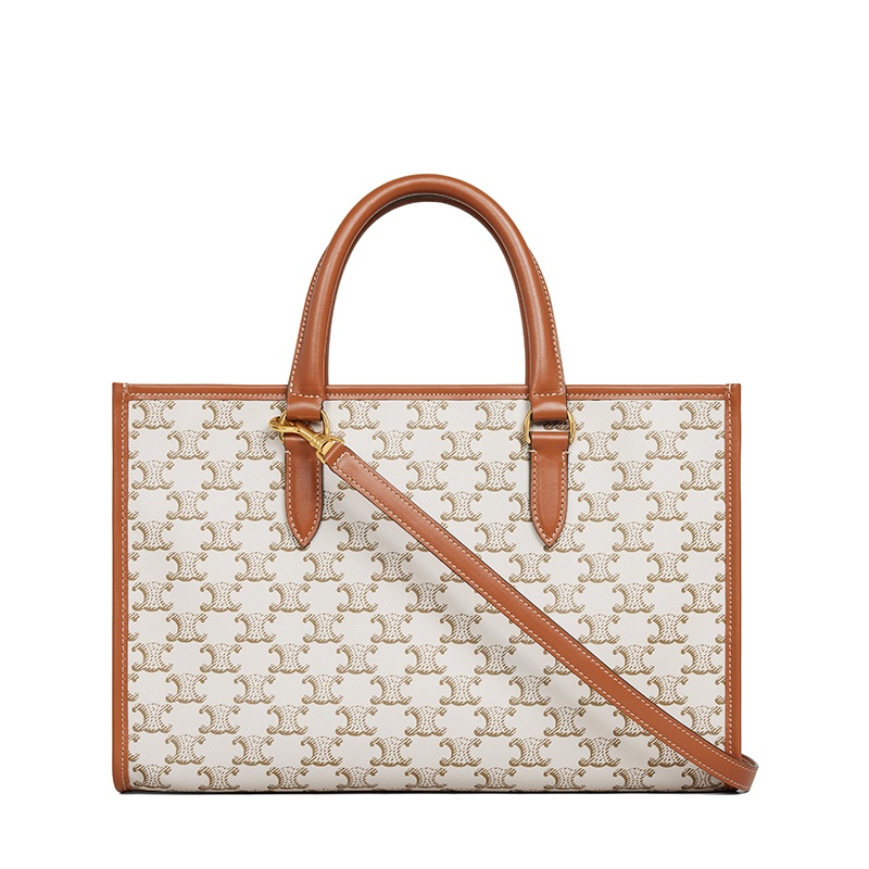 商品Celine|【包税】CELINE/赛琳 22新款 女士迷你款白色老花帆布棕褐色皮革饰边横款单肩手提托特包199742BZJ.01BC,价格¥12859,第3张图片详细描述