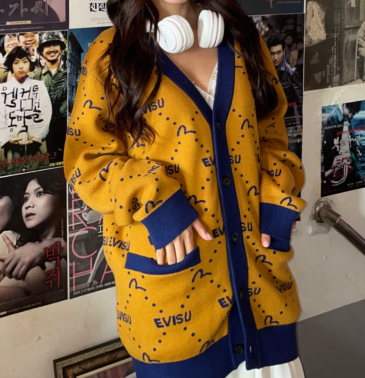 商品Evisu|【享贝家】（国内现货-QD）Evisu 福神 男女情侣老花针织开衫毛衣休闲23秋 黑色 ET4MSW911MU,价格¥361,第9张图片详细描述