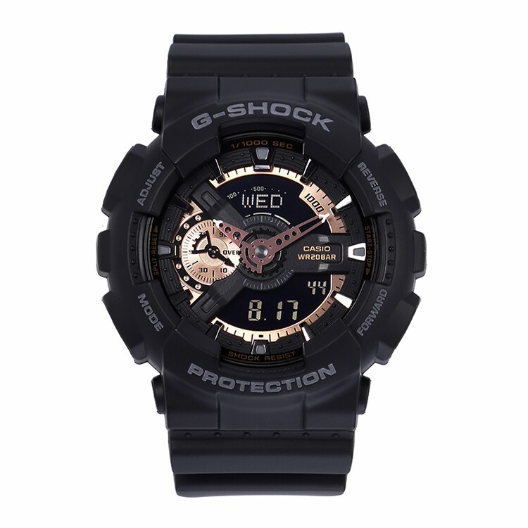 商品[国内直发] Casio|卡西欧（CASIO）G-SHOCK手表男女大盘时尚双显多功能防水防震运动电子潮流节日礼物男表 黑玫瑰金GA-110RG-1A-黑香槟色配色-GA-110RG-1A,价格¥1154,第4张图片详细描��述