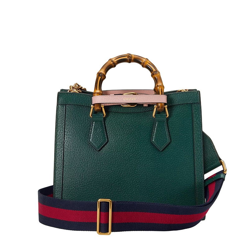 商品Gucci|GUCCI/古驰 Diana系列 女士小号绿色皮革粉色饰带金扣双竹节提手红蓝肩带单肩手提托特包702721U3ZDT3670,价格¥28166,第6张图片详细描述