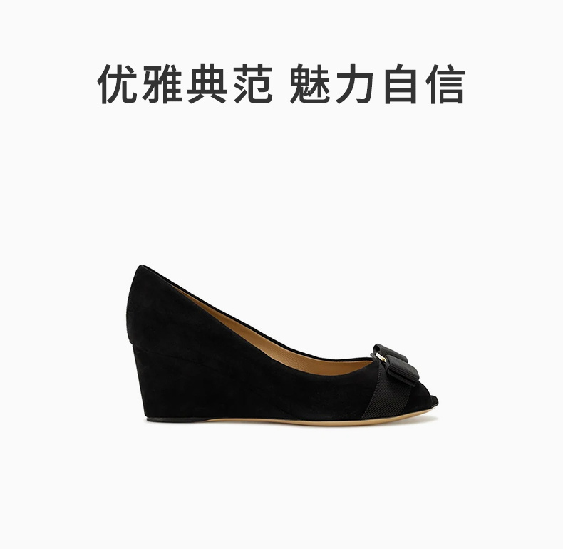 商品[国内直发] Salvatore Ferragamo|SALVATORE FERRAGAMO 女士黑色绒面革坡跟高跟鞋 0539743,价格¥3391,第1张图片详细描述