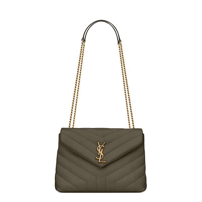 商品Yves Saint Laurent|SAINT LAURENT PARIS/圣罗兰 YSL 22春夏新款LOULOU系列 女士小号灰卡其色"Y"形绗缝牛皮革金扣翻盖单肩斜挎包,价格¥16874,第2张图片详细描述