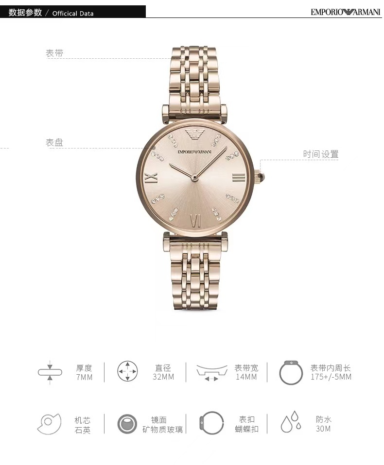 商品[国内直发] Emporio Armani| 满天星商务个性欧美表时尚腕表简约钢带石英女表AR11059 ,价格¥1341,第7张图片详细描述