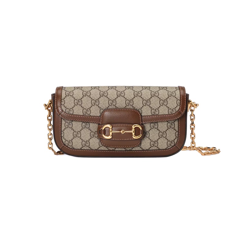 商品Gucci|古驰 23新款 1955系列 女士米色乌木色帆布配皮金色马衔扣饰面金属链条斜挎单肩马鞍包,价格¥17444,第2张图片详细描述