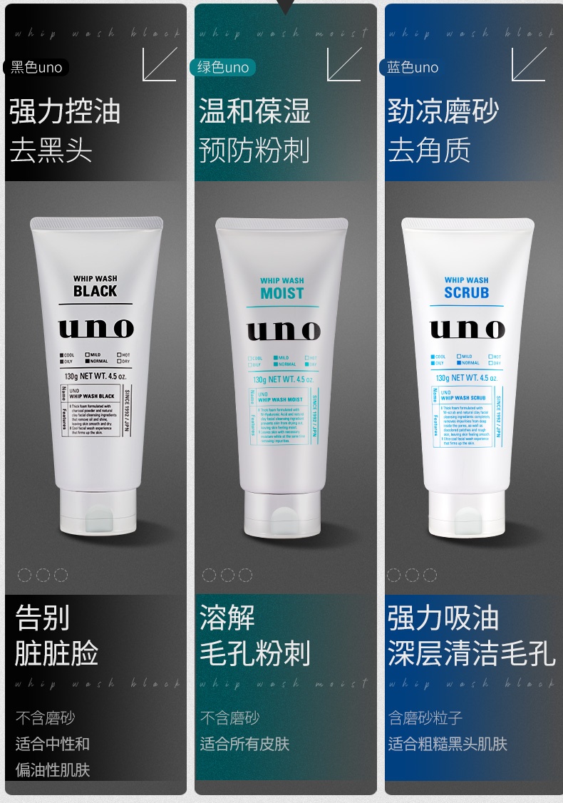 商品UNO|资生堂uno吾诺 洗面奶男士专用 控油祛痘去黑头 130g,价格¥53,第2张图片详细描述