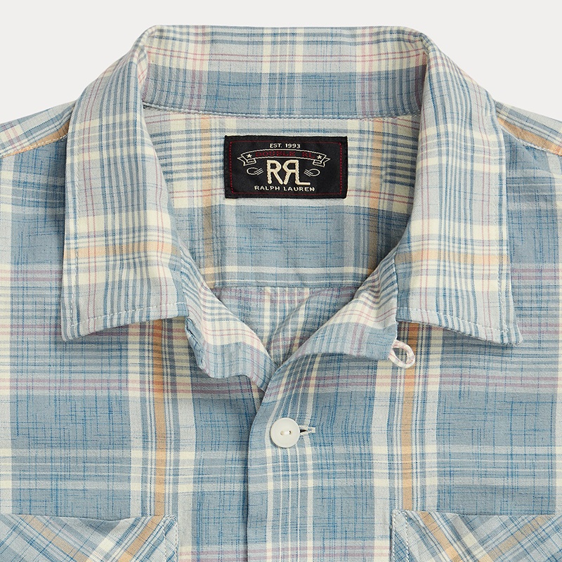 商品Ralph Lauren|拉夫劳伦 男士浅蓝色格子纯棉复古风格方领长袖衬衫,价格¥2196,第3张图片详细描述