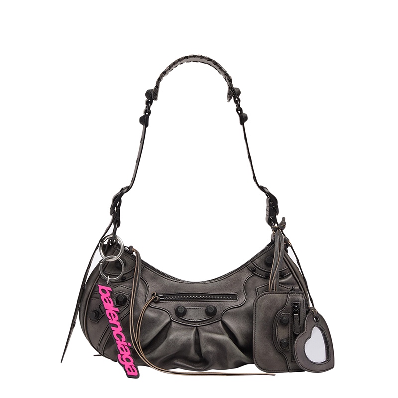 商品Balenciaga|Balenciaga/巴黎世家 LE CAGOLE系列 女士小号黑色牛皮革粉色钥匙环心形镜子吊坠零钱包中古单肩腋下包 6713072VP471000,价格¥18105,第3张图片详细描述