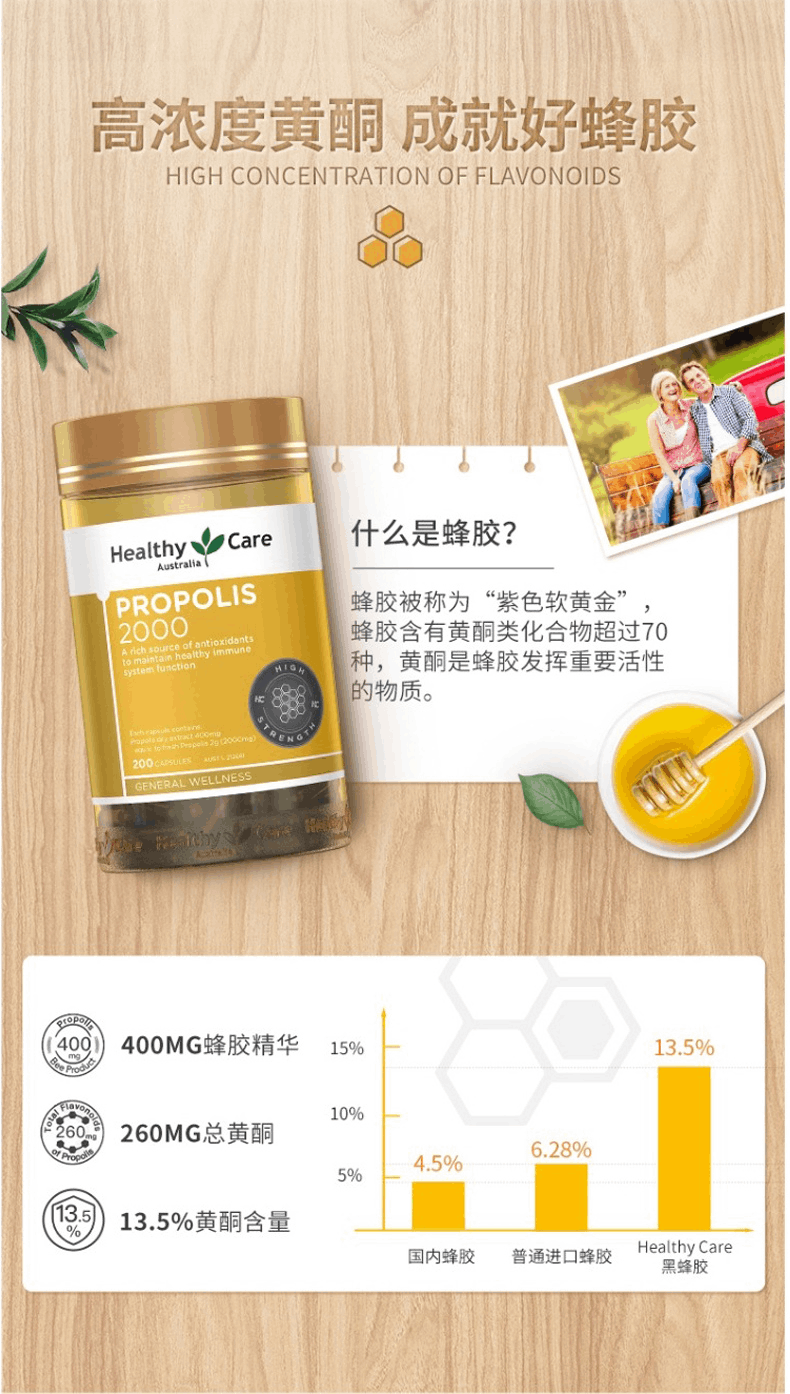 商品Healthy Care|澳洲进口Healthy Care 黑蜂胶软胶囊2000mg200粒原胶天然正品,价格¥124,第3张图片详细描述