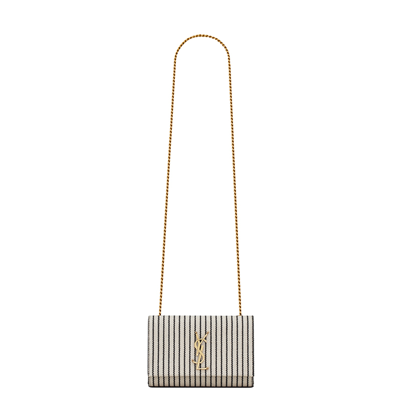 商品Yves Saint Laurent|SAINT LAURENT PARIS/圣罗兰 YSL 22春夏新款KATE系列 女士小号奶油色/黑色条纹帆布配皮金扣金链单肩斜挎链条包469390FAACG9583,价格¥10241,第2张图片详细描述