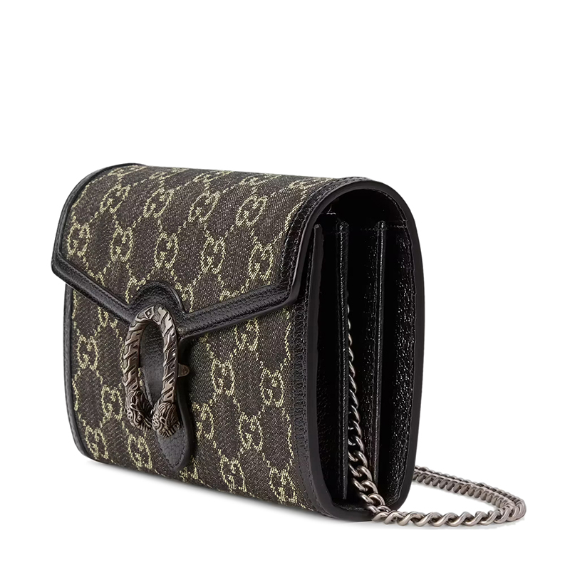 商品Gucci|【现货】古驰 22春夏新款Dionysus系列 女士迷你黑色/象牙白色老花帆布黑色皮革滚边黑扣单肩斜跨链条酒神包‎,价格¥8422,第3张图片详细描述