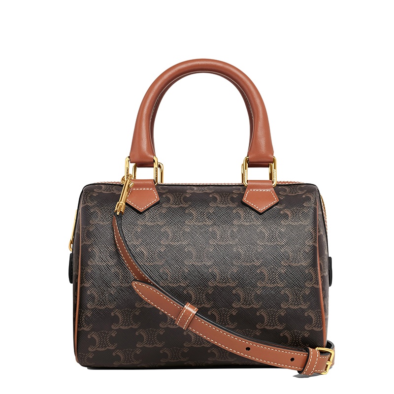 商品Celine|CELINE/赛琳   BOSTON系列 女士小号经典凯旋老花帆布棕褐色皮革饰边手提单肩波士顿包,价格¥10679,第4张图片详细描述