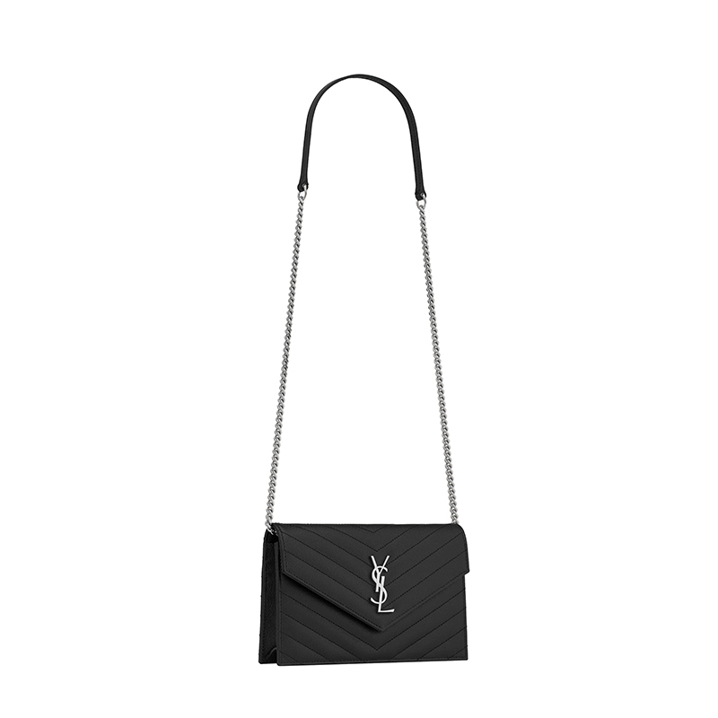 商品Yves Saint Laurent|SAINT LAURENT PARIS/圣罗兰 YSL 女士黑色小牛皮粒面压纹翻盖银色徽标绗缝信封链式钱包695108BOW021000,价格¥8399,第2张图片详细描述