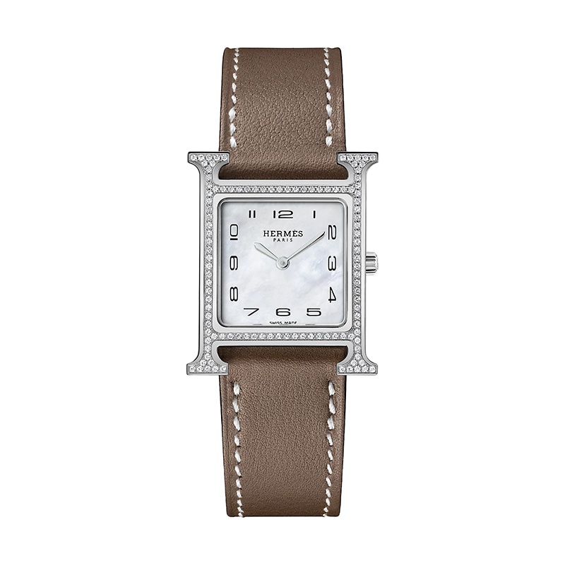 商品Hermes|爱马仕 HH小号系列女士灰褐色牛皮带宝石H盘腕表25mm W046512WW00,价格¥37947,第14张图片详细描述