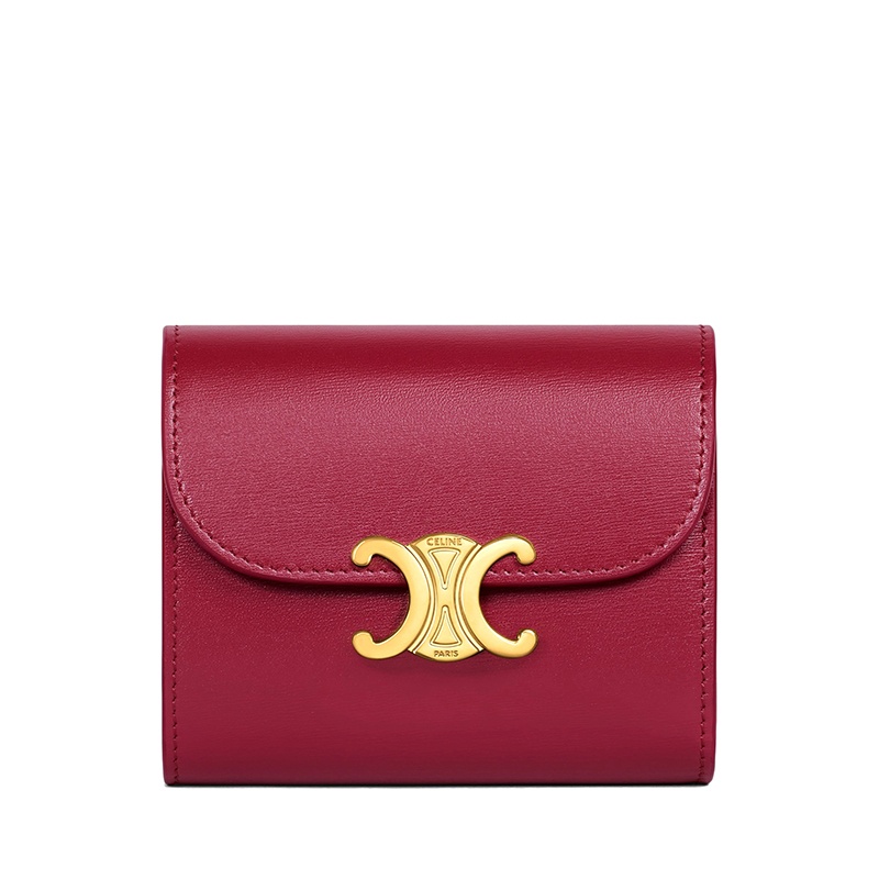 商品Celine|【包税】CELINE/赛琳 22新款TRIOMPHE系列 女士小号胭脂红色亮泽牛皮革金色凯旋按扣折叠零钱袋短款钱包10D783DPV.27CA,价格¥4357,第3张图片详细描述