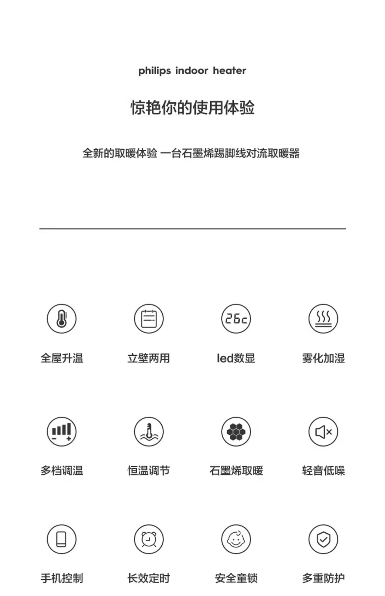 商品[国内直发] Philips|飞利浦石墨烯踢脚线取暖器家用节能电暖气喷雾加湿速热神器暖风机,价格¥1652,第3张图片详细描述
