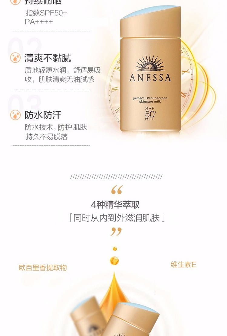 商品ANESSA|ANESSA|安热沙 安耐晒小金瓶防晒霜60ml/90ml SPF50+ PA++++ 新旧版本随机发,价格¥194,第4张图片详细描述