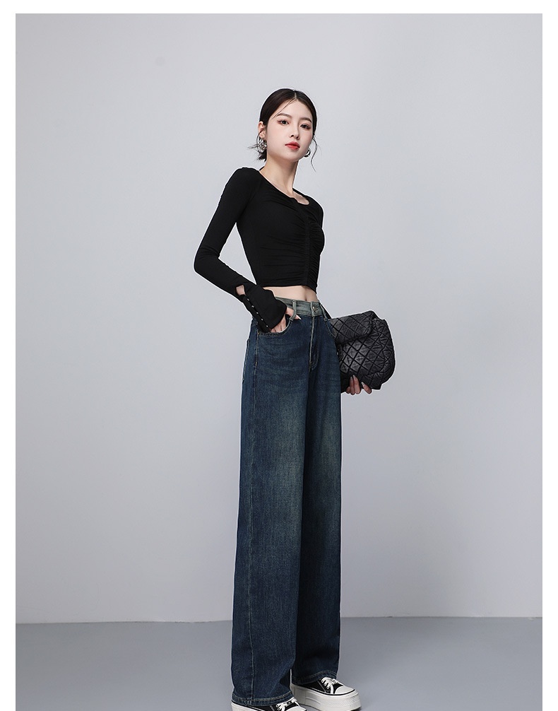 商品[国内直发] GLENVINTEN|格岚云顿英国品牌窄版弹力撞色阔腿牛仔裤女高腰垂感2024年秋装拼接高级感宽松显瘦,价格¥235,第8张图片详细描述
