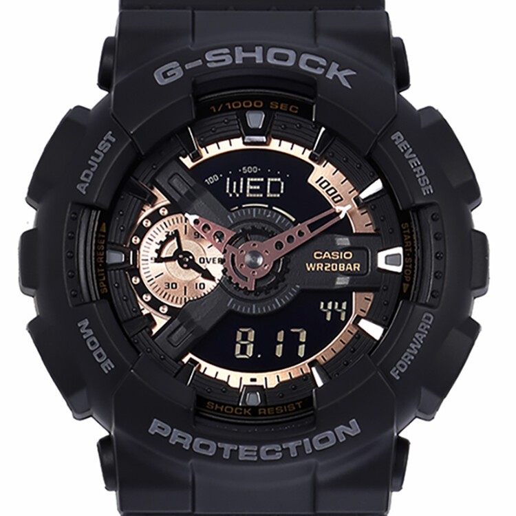 商品[国内直发] Casio|卡西欧（CASIO）G-SHOCK手表男女大盘时尚双显多功能防水防震运动电子潮流节日礼物男表 黑玫瑰金GA-110RG-1A-黑香槟色配色-GA-110RG-1A,价格¥1154,第5张图片详细描述