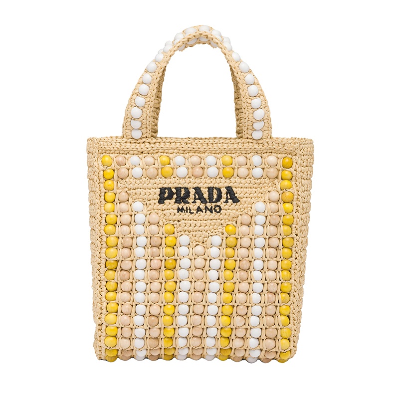 商品Prada|PRADA/普拉达 22新款 女士彩色木球编织拉菲草木质手柄刺绣字母手提托特包1BG425_2FJ0_F0018_V_OOO,价格¥12467,第4张图片详细描述