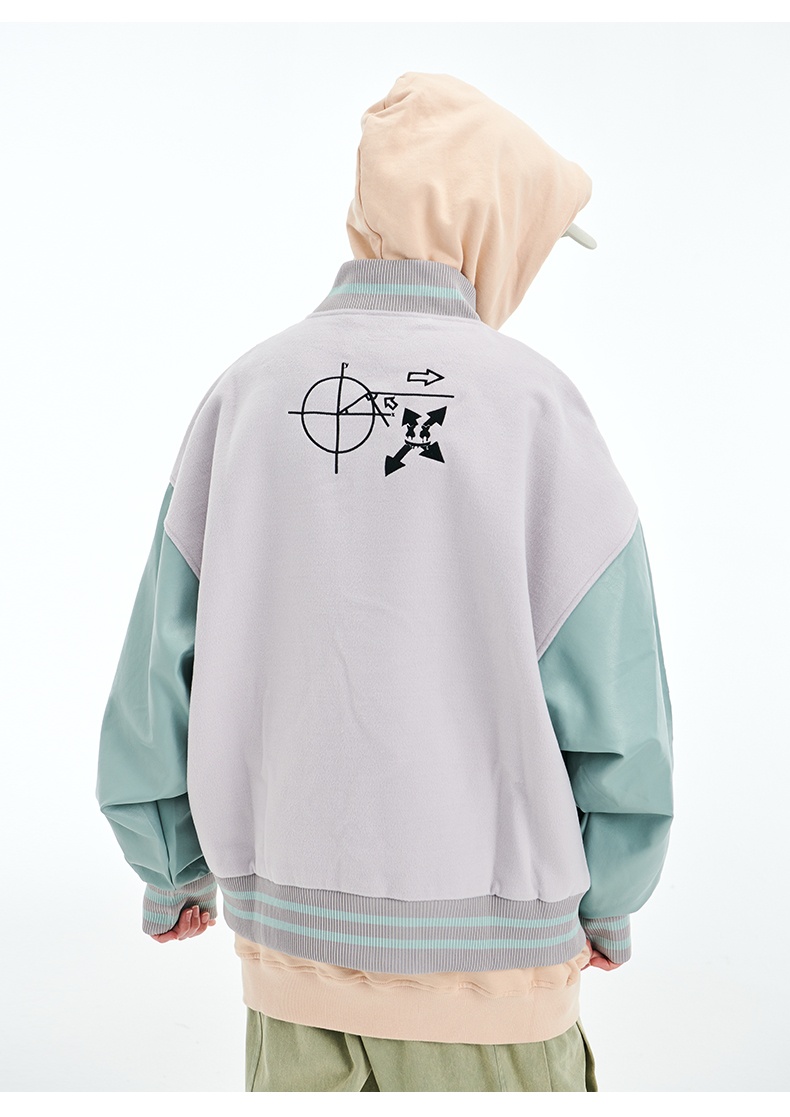 商品[国内直发] ERASER|ER黑色刺绣PU皮棒球服男潮牌美式高街撞色拼接春秋情侣装夹克外套 Erjk3059,价格¥233,第12张图片详细描述