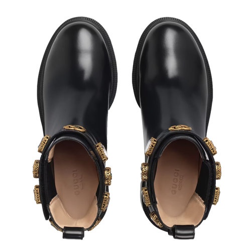 商品Gucci|GUCCI/古驰 22秋冬新款 女士黑色皮革饰水晶双G可拆卸带踝靴550036DKS001000,价格¥9745,第3张图片详细描述