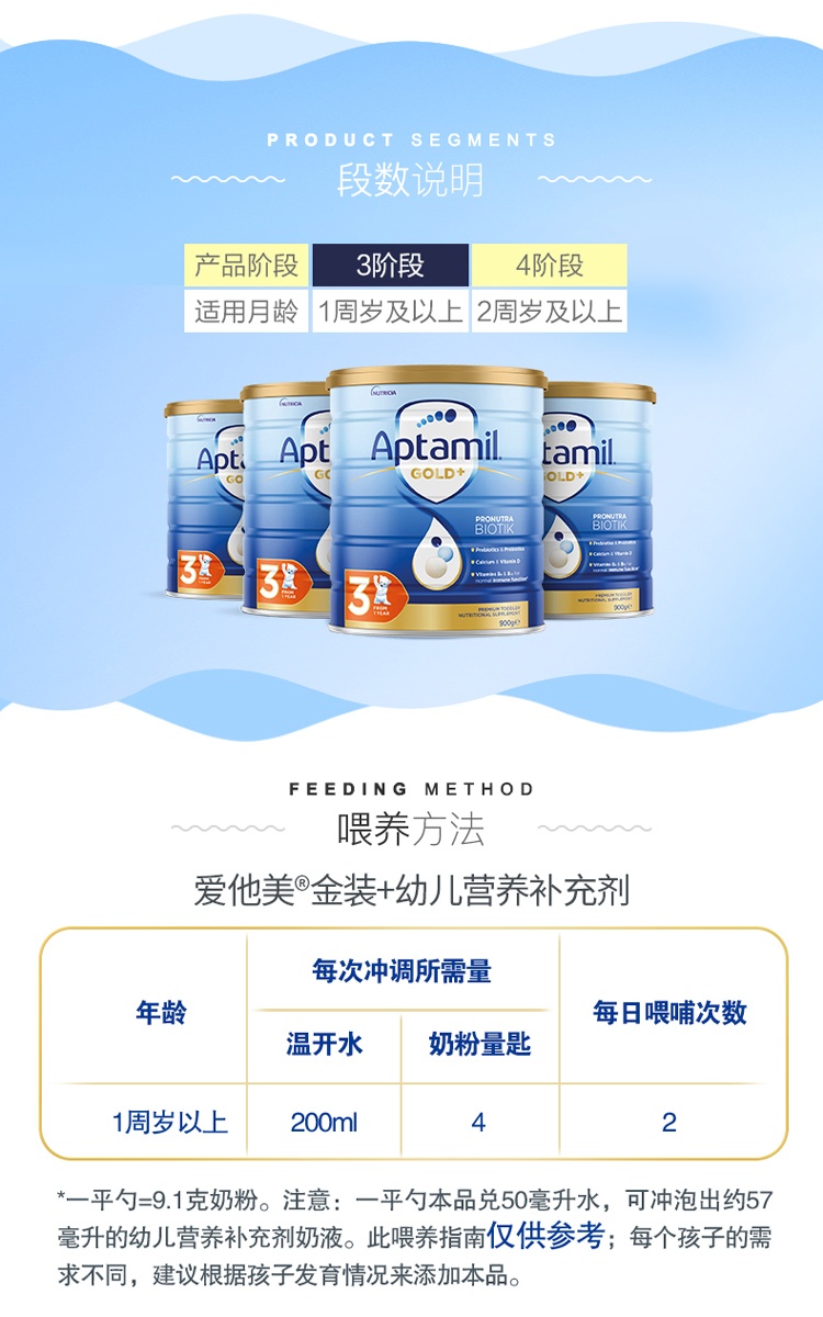 商品[国内直发] Aptamil|澳洲爱他美金装婴幼儿配方奶粉3段(1-2周岁)900g/罐,价格¥160,第4张图片详细描述