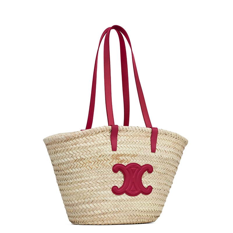 商品Celine|【包税】CELINE/赛琳 CLASSIC TRIOMPHE系列 女士中号原色棕榈叶配胭脂红小牛皮细节单肩斜跨手工编织篮子包192622CGG.27CA,价格¥4887,第3张图片详细描述