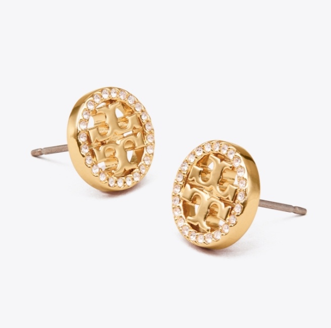 商品[国内直发] Tory Burch|TORY BURCH 汤丽柏琦 MILLER 密镶 水晶 简约大气经典logo带钻 耳钉 耳环  女款 玫瑰金色/金色,价格¥877,第3张图片详细描述