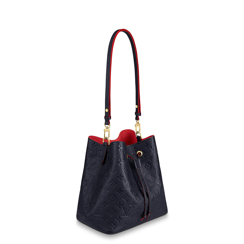 商品Louis Vuitton|预售10天 Louis Vuitton/路易威登 22春夏新款NEONOÉ系列 女士中号海军蓝老花压纹牛皮革红色细节金扣配可拆卸肩带单肩斜挎手提抽绳水桶包M45306,价格¥19299,第3张图片详细描述