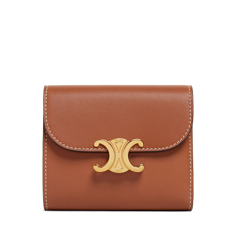 商品Celine|CELINE/赛琳   TRIOMPHE系列 女士小号黄褐色光滑小羊皮金色凯旋扣短款钱包,价格¥4473,第2张图片详细描述