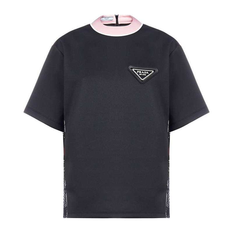 商品[国内直发] Prada|PRADA 女士黑色三角徽标粉色圆领短袖T恤 135690-1X76-F014A,价格¥5422,第1张图片详细描述