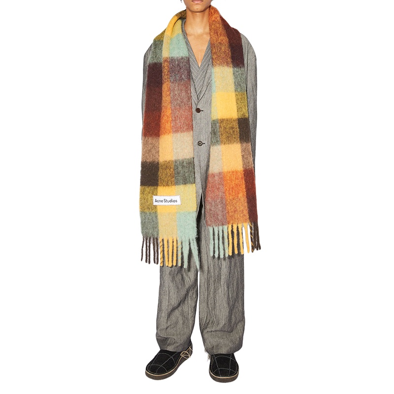 商品Acne Studios|男女通用栗色/黄色/绿色柔软的拉丝质感格纹围巾 拼色 均码,价格¥2451,第4张图片详细描述