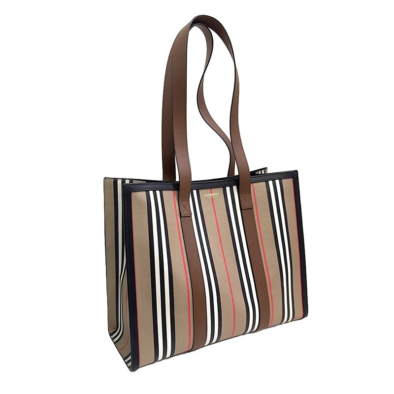 商品Burberry|BURBERRY/博柏利 女士米色帆布制LOGO条纹托特手提包80730561,价格¥2723,第4张图片详细描述