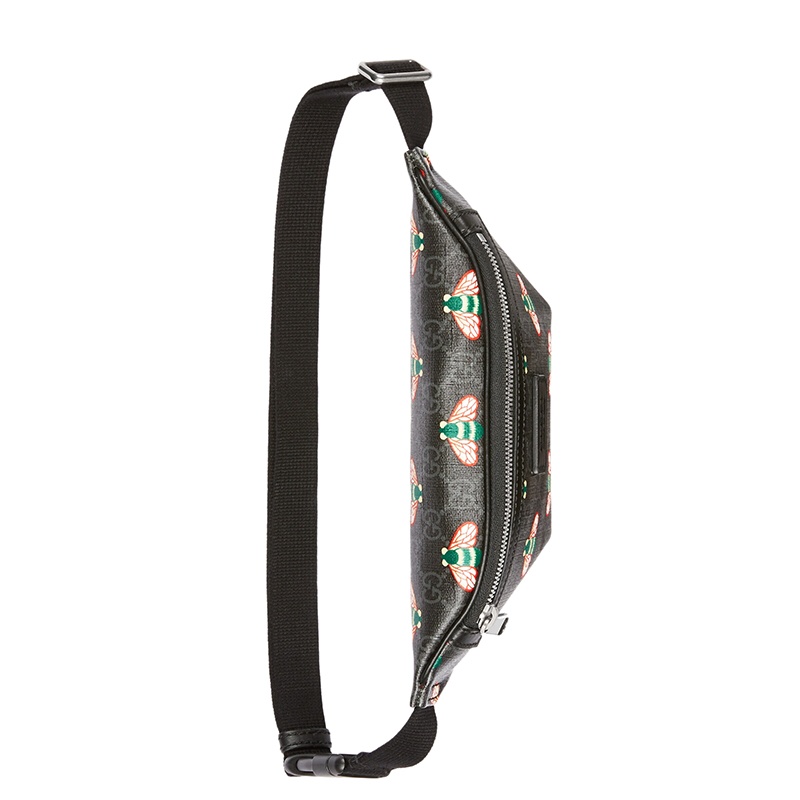 商品Gucci|GUCCI/古驰 Bestiary系列 男士老花帆布彩色蜜蜂图案印花黑色皮革饰边斜挎包腰包,价格¥7188,第3张图片详细描述