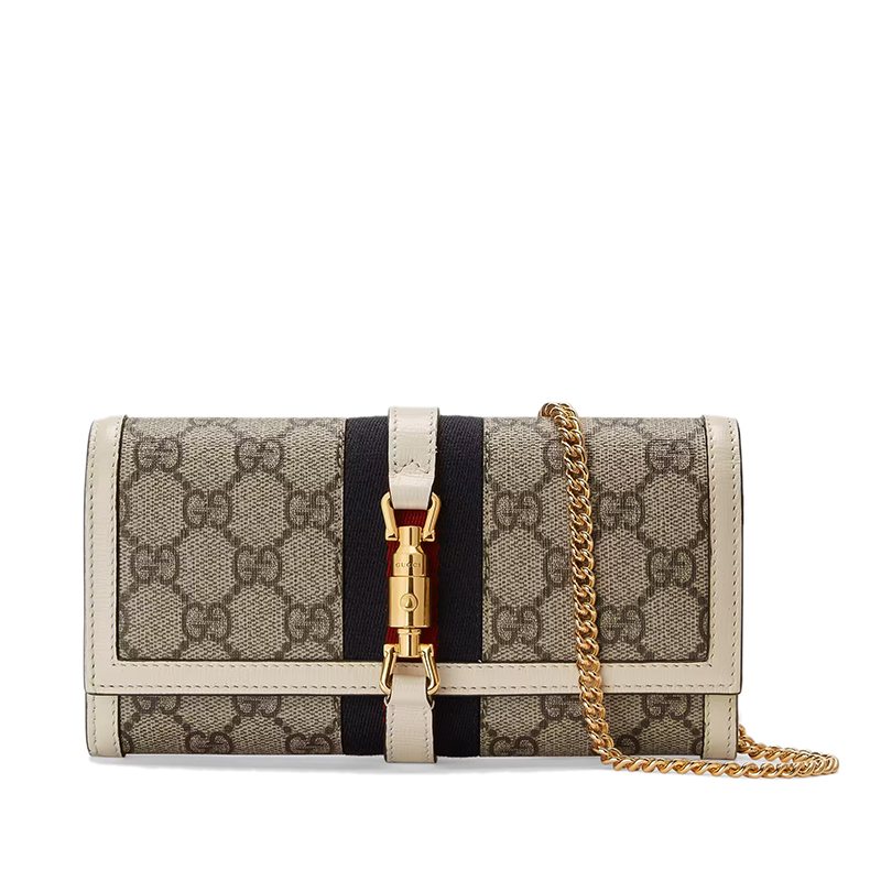 商品Gucci|GUCCI/古驰 22春夏新款Jackie 1961系列 女士小号米色/乌木色老花帆布白色皮革滚边金扣金链红蓝织带装饰斜跨单肩包652681HUHHG9794 ,价格¥7561,第2张图片详细描述