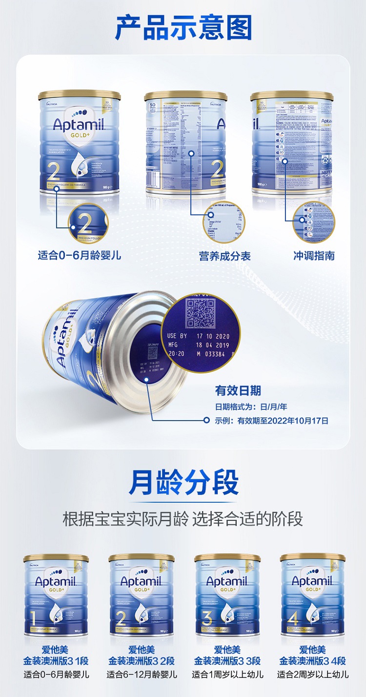 商品Aptamil|澳洲Aptamil爱他美金装奶粉2段 新旧版本随机发货 900g/罐（保税仓发货）（预售3个工作日内发货）,价格¥359,第3张图片详细描述