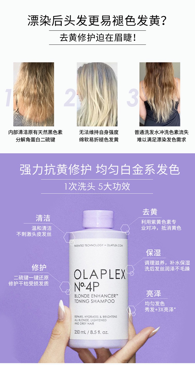 商品Olaplex|OLAPLEX 去黄洗发水250ml 修护护理 锁色固色 烫染漂染后,价格¥243,第13张图片详细描述