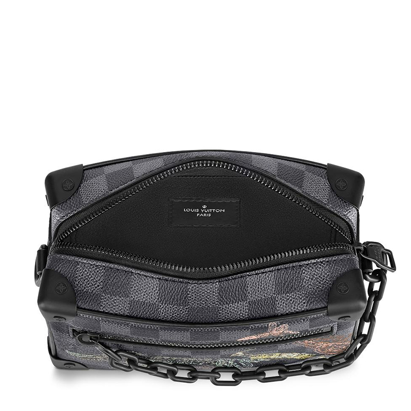 商品Louis Vuitton|预售10天 Louis Vuitton/路易威登 22春夏新款SOFT TRUNK系列 男士迷你石墨色方格棋盘帆布牛皮革饰边黑链彩色动物印花单肩手提链条盒子包N45278,价格¥23665,第3张图片详细描述