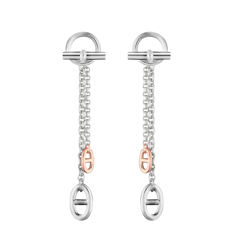 商品Hermes|HERMES/爱马仕 经典New Farandole系列 中号925纯银18K金玫瑰金链条猪鼻子耳坠H119540B,价格¥19157,第2张图片详细描述