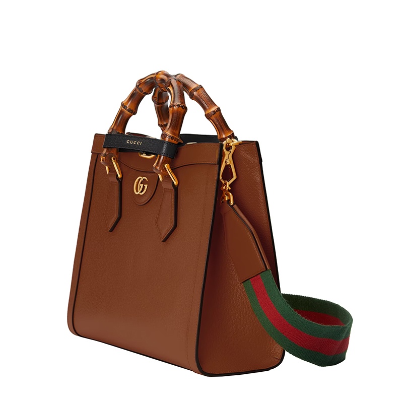 商品Gucci|GUCCI/古驰  Diana系列 女士小号棕色皮革黑色饰带金扣双竹节提手红绿肩带单肩手提托特包702721U3ZDT2185,价格¥25533,第3张图片详细描述