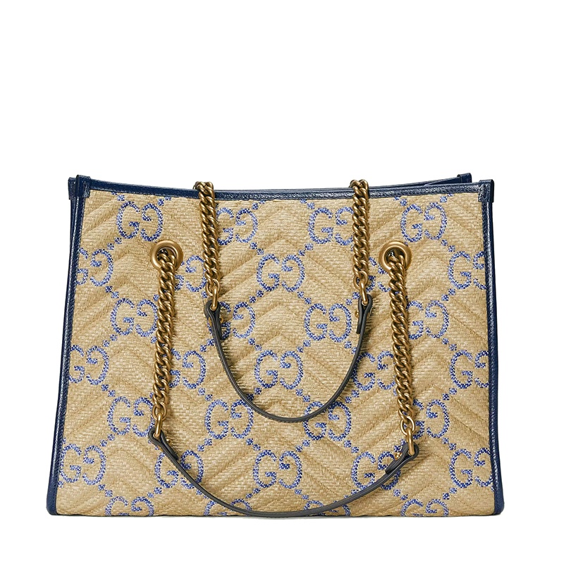 商品Gucci|【包税】GUCCI/古驰 22新款 GG Marmont系列 女士中号米色/蓝色拉菲草效果老花印花织物配皮金扣徽标金链单肩斜挎托特包675796UWBLT8925,价格¥17164,第7张图片详细描述