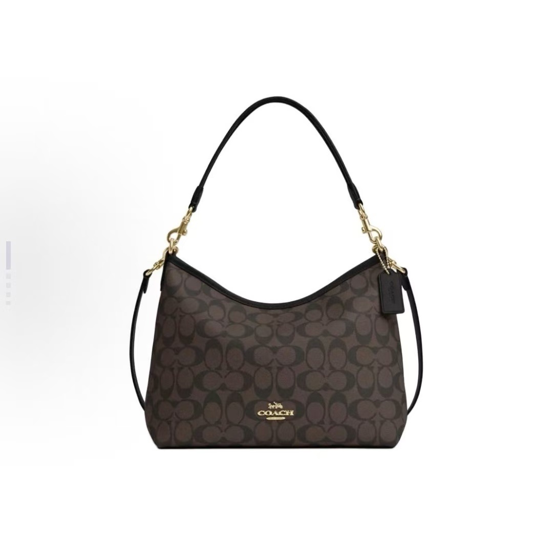商品[国内直发] Coach|COACH蔻驰 Laurel 31 通勤大容量可拆卸肩带 标志性涂层帆布和光滑皮革 流浪包腋下包单肩斜挎手提包 大号 女款 棕黑色,价格¥3093,第1张图片详细描述
