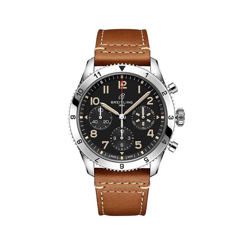 商品BREITLING|BREITLING 23新款 CLASSIC AVI系列男士浅棕色皮革表带黑色自动机精钢表盘腕表42mm,价格¥40326,第3张图片详细描述
