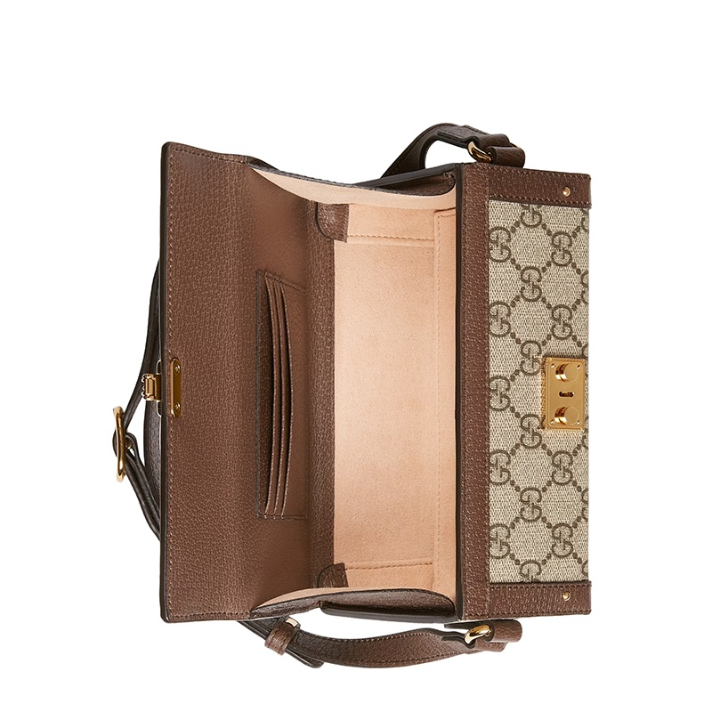 商品Gucci|预售1-2周 GUCCI/古驰 男女同款经典米色双G老花帆布棕色皮革滚边方形翻盖斜挎单肩手机包,价格¥10683,第4张图片详细描述